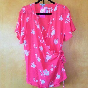 New Women's coral & white floral wrap blouse